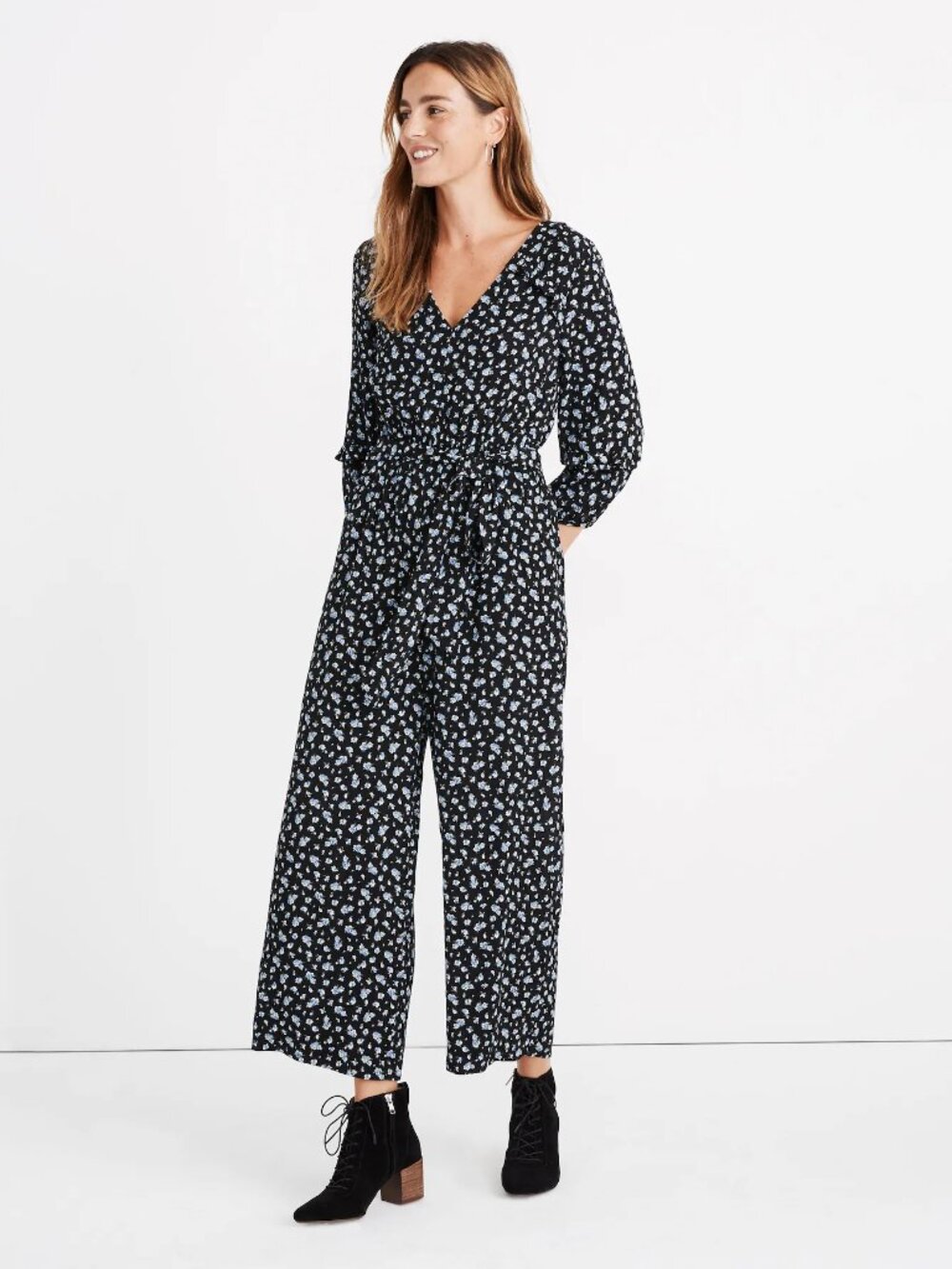 Madewell Navy Blue White Floral Baby's Breath Ruffle Sleeve Tie-Waist Jumpsuit